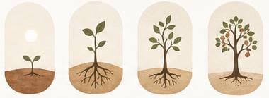 A small plant growing into a fruit-bearing tree across four stages.