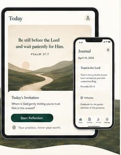 The Godward Today screen: a daily Scripture over a quiet landscape with a Start Reflection button.